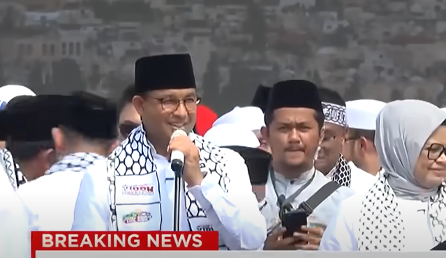 Anies Baswedan pidato di Aksi Bela Palestina. Foto : Tangkapanlayar Youtube CNNIndonesia